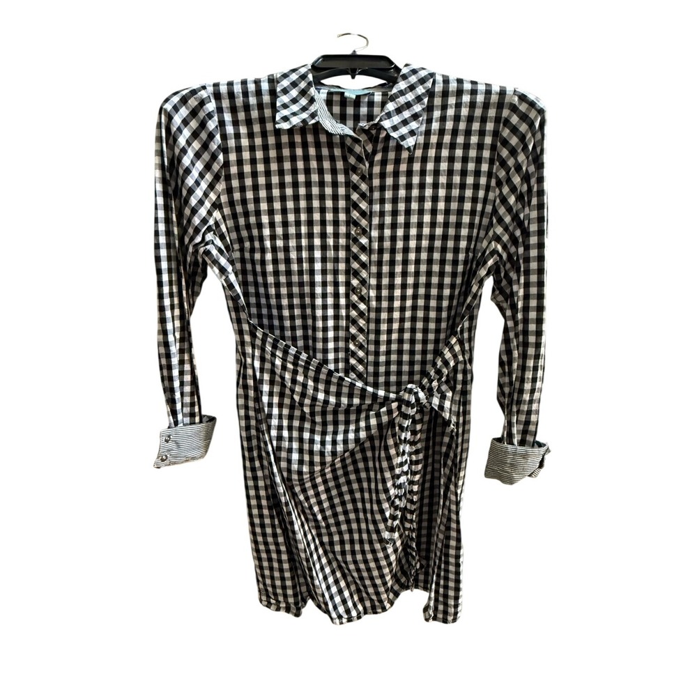 Skies Are Blue Gingham Wrap Tie Shirt Dress Black‎ White Cotton Large